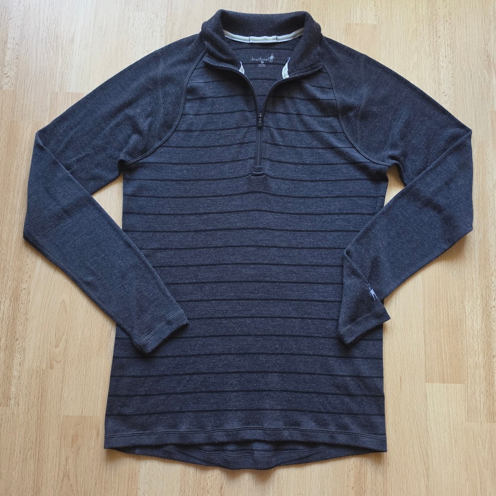 Smartwool Mens 100% Merino Wool 1/4 Zip Pullover Gray Striped Base Layer Medium